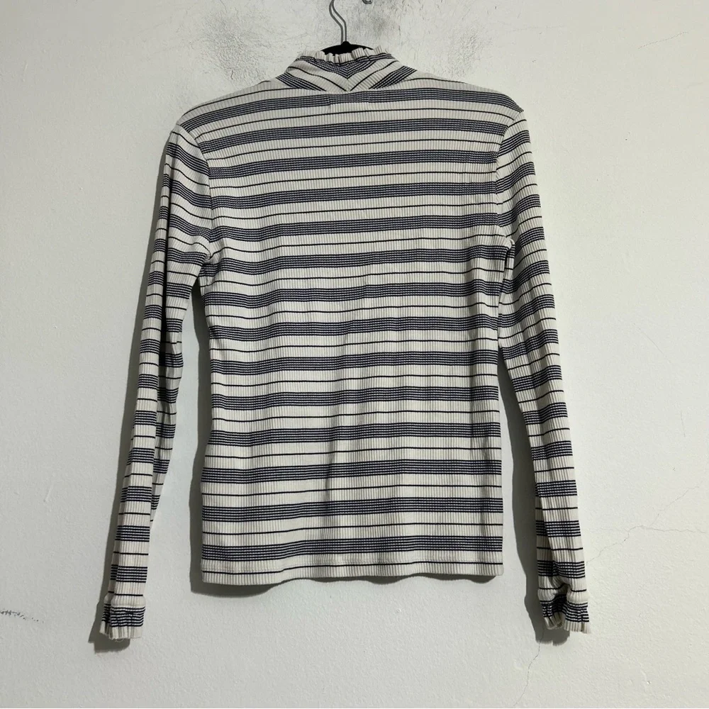 J. Crew Vintage Rib Ruffle Mockneck Long Sleeve Tee in Stripe Coastal Preppy